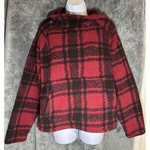 Victoria's Secret PINK Sherpa Funnel Neck Pullover Hoodie Red Plaid Size S